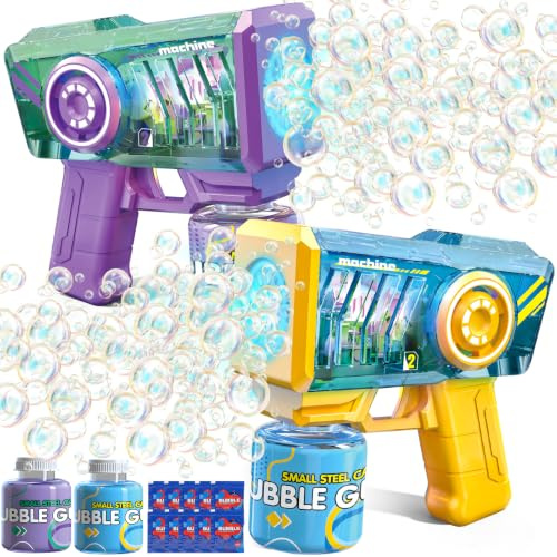 SERIONR 2 Pistola de Burbujas con LíQuido de Burbujas, Azul + Morado | Automática, luz LED, juguete de verano, adecuados para fiestas de cumpleaños, Halloween, bodas, actividades al aire libre
