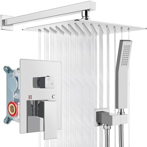 gotonovo Rainfall Bathroom Shower System Rain Shower Head and Handle Set Wall Mounted Shower Complete Combo Solid Brass Pressure Balancing Shower Mixer Valve 10 Inch Polished Chrome