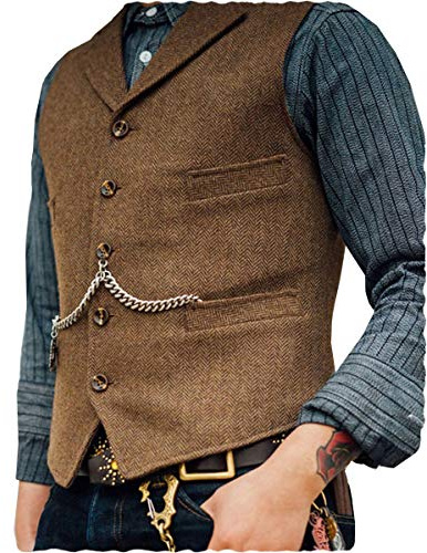 Ceehuteey Mens Classic Wool Tweed Suit Vest Casual Sleeveless Jacket Herringbone Waistcoat for Tuxedos(Brown,Large)