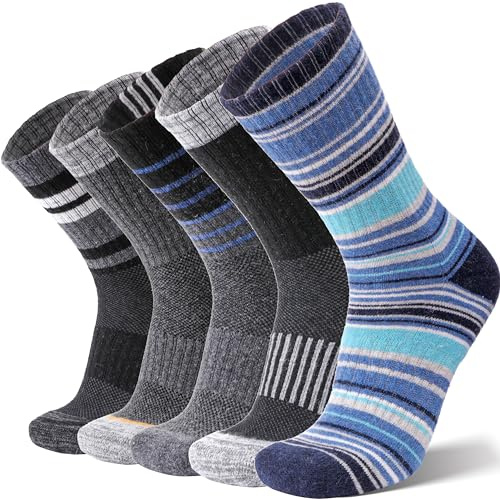 ANTSANG Calzini Unisex in Lana Merino per Donna Uomo Trekking Camminate Termici Caldi Spessi per Inverno con Taglio Alto 5 Paia(Strisce Blu/Strisce Grigie,42-46)