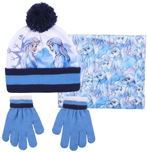 Disney Frozen Set Invernale per Bambine con Cappello Bobble, Sciarpa Snood e Guanti Elsa Anna, Blu, 2-8 anni