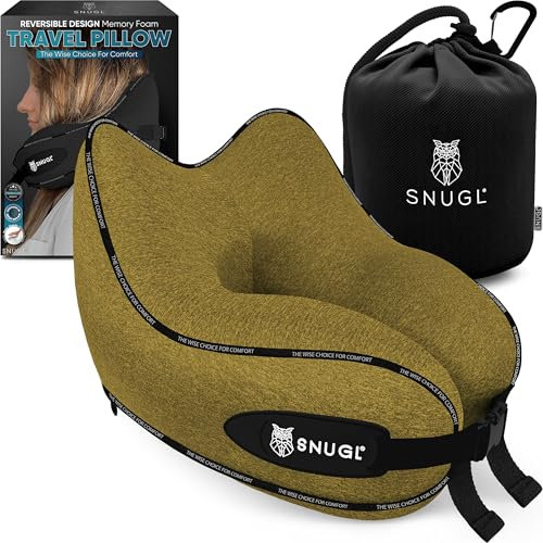 SNUGL Travel Pillow – Memory Foam Neck Pillow for Travel – Support Cushion for Airplane with Carry Bag & Clip - Holiday Essentials (Dark Yellow - Adult Small)