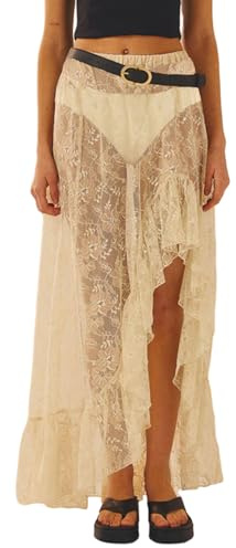 Caziffer Jupe Femme Irréguilière en Dentelle Jupe Longue Transparante Jupe Sexy Fendue pour Femme Été (Beige, M)