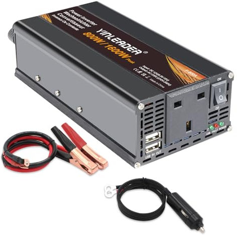 Yinleader Power Inverter 800W /1600W DC 12V to AC 230V 240V Car Converter with UK AC Outlet and Dual USB Ports