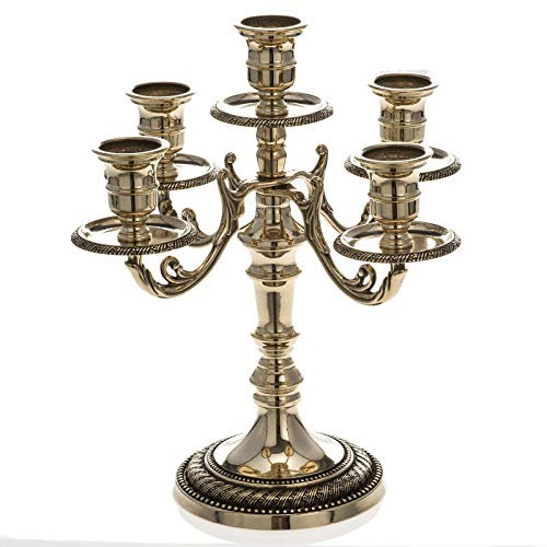 Mässing antik ljusstake ljusstake 5 armad guld 26 cm massiv kandelaber