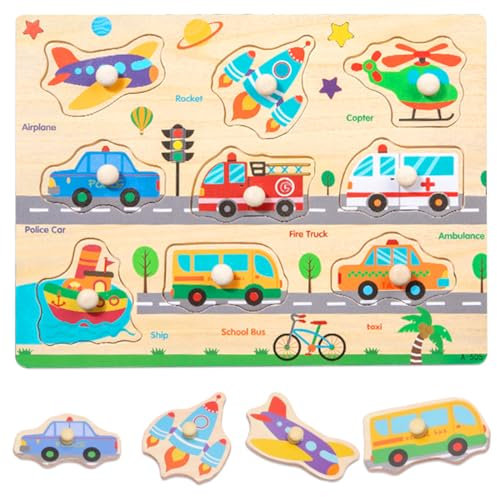 ZEPIQOR Steckspiel ab 1-3 Jahre, Ideales Holzpuzzle für Kindergeschenke, Holzspielzeug bestehend aus Puzzles mit Transport, Montessori Spielzeug, Steckpuzzle für Jungen und Mädchen(Transport)