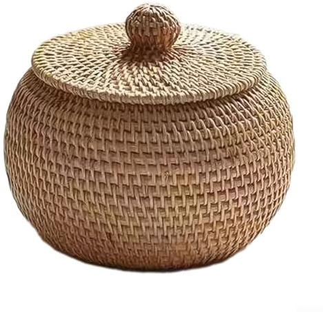 ZAMETTER Panier de rangement en rotin avec couvercle/boîte de rangement pour collation/panier de rangement en osier