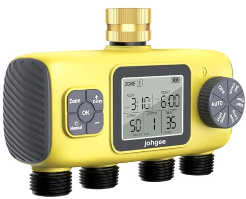 Johgee Bewässerungscomputer 4 Ausgänge mit Messing Einlass, 4 Zone Bewässerungsprogramme Garten Bewässerungsuhr, Automatische Bewässerung Zeitschaltuhr Regenverzögertem/Manuellem/Automatischem Modus