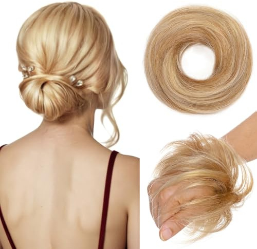 TESS Real Human Hair Bun Elastic Easy Scrunchies Hairpiece Updo Ponytail Extensions Hair Accessories for Women UK #12P613 Golden Brown & Bleach Blonde