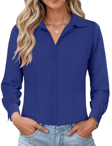 IECCP Camisa de vestir de manga larga para mujer, corte ajustado, formal, con botones, sin arrugas, blusa elástica, tops casuales para trabajo y oficina 2025, azul marino, L