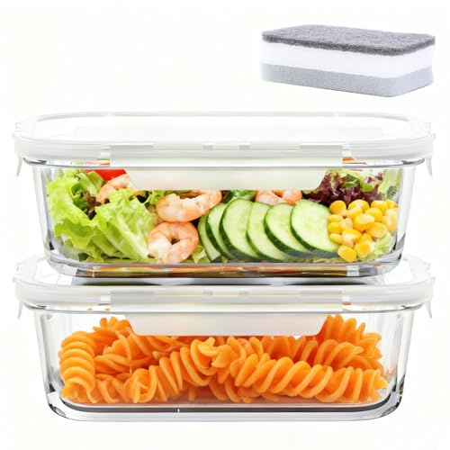 ZhouZGlass 2 Pack 680ml Glass Food Storage Containers with Lids, Reusable Meal Prep Containers, Glass Lunch Box with Snap Airtight Lid for Baking, Microwave, Oven, Freezer, Dishwasher