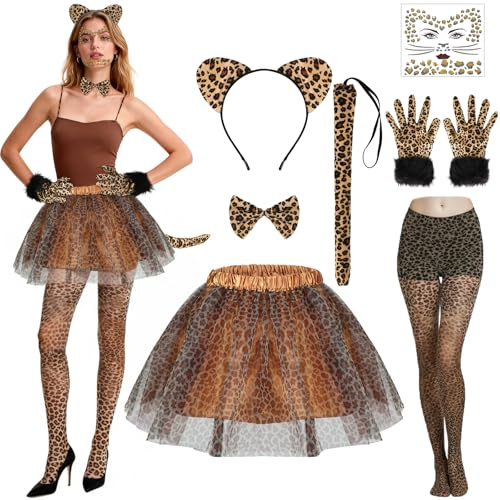 Beipegin Leopard Costume Adult,Leopard Ears Headband Tutu Skirt Tail Gloves Bow Tie Tights Animal Costume Halloween Carnival Cosplay Role Play
