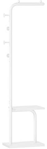 HOOBRO Perchero Metálico en Forma de L, Perchero Moderno de Pie con 4 Ganchos y Barra Antideslizante, 2 Estantes, Colgador para Abrigos apto para Recibidor, Dormitorio, Sala de Estar, Blanco EWT25YM01
