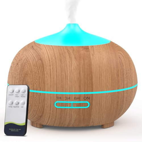 Diffuseur d'Huiles Essentielles 500 ML, Diffuseur d'Arômes Ultrasonique avec Télécommande, 4 Minuteries & 2 Modes de Brume, Arrêt Automatique sans Eau, pour Maison, Bureau, Chambre, Spa