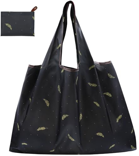 CHEESANHERR Bolsa Compra Plegable, Bolsa Tela Grande, Bolsas Reutilizables Compra, Tote Bag Hombre Mujer, Shopping Bag Supermercado Portátil Lavable, 53 X 66 cm (Pluma Negra)