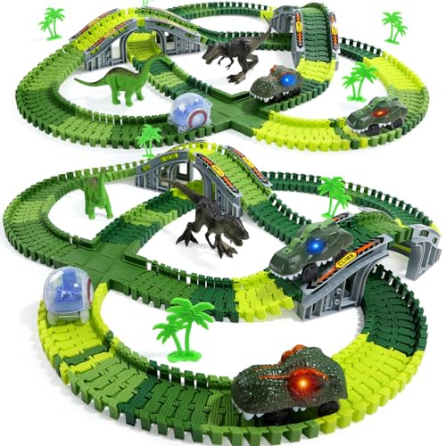 EagleStone Dinosaur Race Track Toy Set for Kids, 233PCS Flexible Track with 2 Light-Up Electric Dino Cars & 2 Dinosaur Figures, Birthday for Boys and Girls Ages 3–8