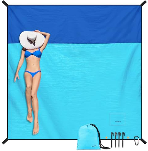 Couverture de plage anti-sable super grande 220 x 200 cm, couverture de pique-nique imperméable au sable, matériau léger, doux, confortable et durable, larges rayures, tapis de plage, bleu clair