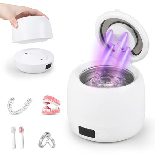 Carehabi Pulitore Ultrasuoni Apparecchio Denti 45kHz Serbatoio Separabile 200ml Lavaggio Ultrasuoni per Allineatori Dentiere e Bite Notturno Bianco