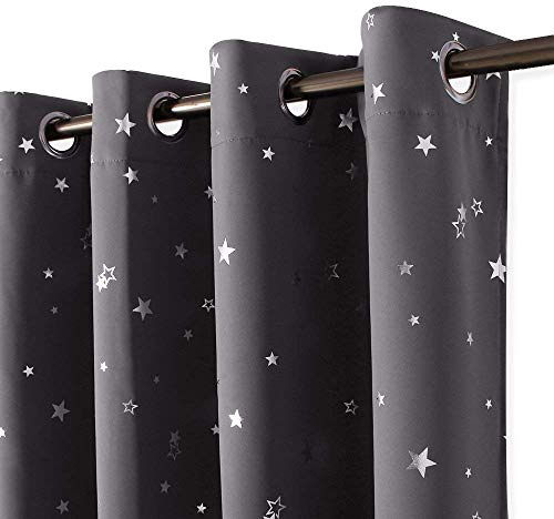 PONY DANCE Star Foil Printed Kids Curtains, Grey, 52x54 Inch