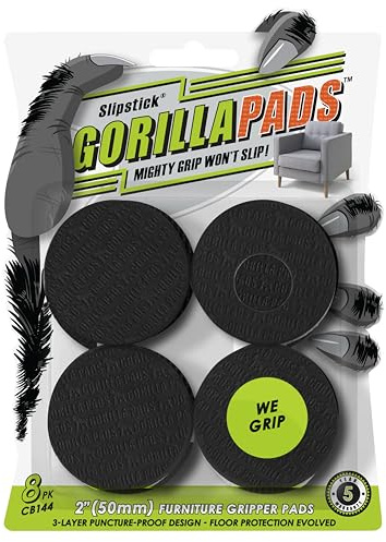 Slipstick GorillaPads CB144 Non Slip Furniture Pads/Grippers (Set of 8) Furniture Feet Floor Protectors, 2 Inch Round, Black