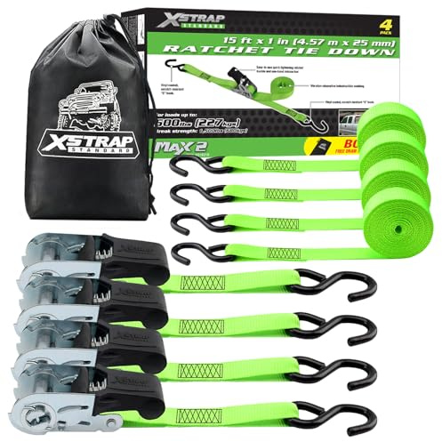 XSTRAP STANDARD 4 Pack 1 x 15Ft Ratchet Tie Down Straps - 500Lbs Load Cap, 1500Lb Break Strength, Heavy Duty Cargo Straps for Moving Appliances, Lawn Equipment & Motorcycle, Green