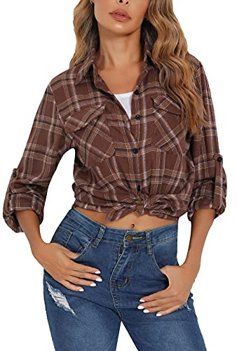 Enjoyoself Chemisier Carreaux Femme 100% Coton Chemise Bucheron Western Décontractée Classique Retro Ecossaise Coton Flanelle Blouse Gilet T Shirt Casual Vintage