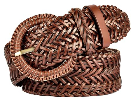 ANNULOYA Braided Belt for Women 1.6 inch Wide Woven Leather Waist Band for Pants and Dress with Buckle (Brown)