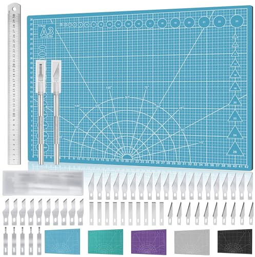 Miuzei Set di Tappetini per il Taglio A3 - Tappetino Auto-cicatrizzante e per il Disegno - Cutter per il Bricolage - Azzurro