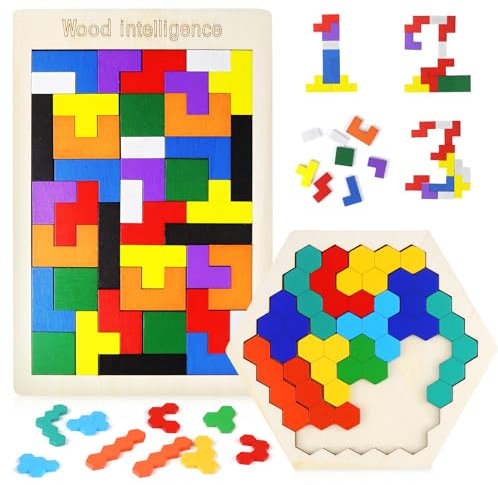 Holzpuzzle Knobelspiele Kinder Holzspielzeug Kinderspiele Tetris Spiel Holz Puzzle Toys 2 Stück Geduldspiele für Kinder Montessori Spielzeug ab 3 4 5 6 Jahr Wooden Jigsaw Block Puzzle