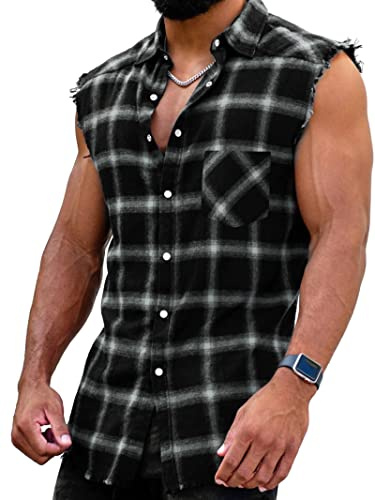 Camicia da uomo a quadri, senza maniche, a maniche lunghe, in flanella, vestibilità normale, in cotone, per l'estate, T-shirt, tank top, per il tempo libero, M