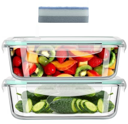 ERUIV - Boite Conservation Verre - 2 pièce 640 ml (2 récipient, 2 couvercle, Gratuit cadeau 1 éponge de nettoyage) étanche, Boite Alimentaire Verre - Sans BPA - Recipient Avec Couvercle