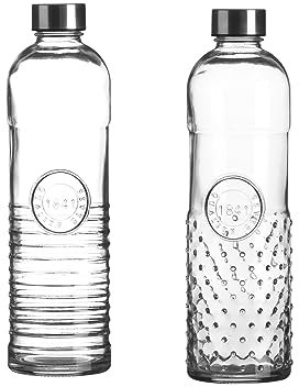 Elegante acqua – Oriental 1 litro bottiglia d'acqua in vetro con tappo a vite, ermetica, borraccia per acqua, succo in frigorifero, bottiglia di vetro vintage (set da 2 pezzi Retro VG (Stripe Dot)