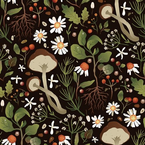 VaryPaper Papier peint autocollant motif champignon 44,5 x 200 cm, papier contact feuille tropicale noir, dos adhésif en plastique, papier peint floral pour salon, chambre à coucher, film vinyle pour