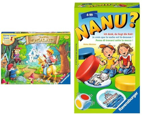 Ravensburger 21372 - Junior Sagaland - Kinderspiel, Junior Edition des Spieleklassikers & 23063 - Nanu? Mitbringspiel für 2-4 Spieler, Merkspiel ab 4 Jahren, kompaktes Format, Reisespiel, Würfelspiel