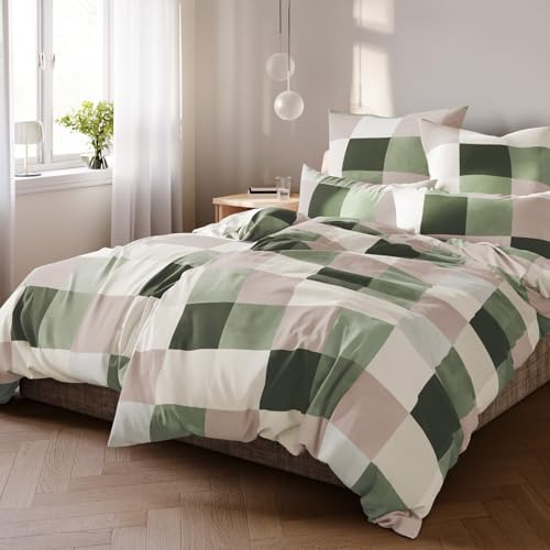 Pure Label Karierte Bettwäsche 135x200 cm mit einem Kissenbezug 80x80 cm - Traumhaft weiches Bettwäsche-Sets 135 x 200 cm in grün aus 100% Baumwolle mit YKK Reißverschluss