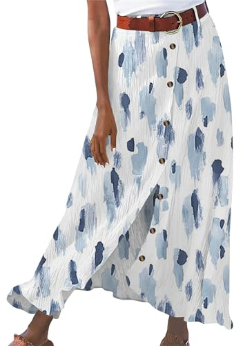 OMZIN Gonne Lunghe da Donna con Bottoni sul Davanti Gonne Leggere Svasate in Cotone E Lino Gonne Estive di Linea Floreale Graffiti Blu S