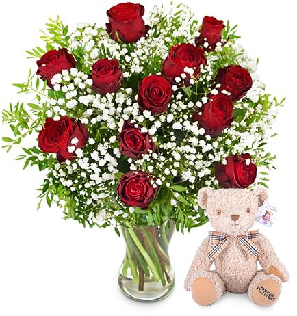 Flores de amor con Oso - Ramo de Flores – Regalo Fresco para Cumpleaños o Día de la Madre – Arreglo de Lujo con Entrega al Día Siguiente – Sorpresa Elegante para Ella