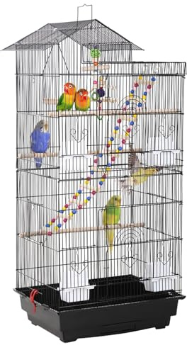 FDW 39 Inch Bird Cage Parakeet Cage with Play Top Rolling Stand & Easy Clean Pull-Out Tray Roof Top Parrot Cage for for Finches Canaries Parakeets Cockatiels & Other Small Birds, Black