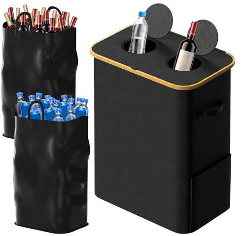 140L Pfandflaschen Sammelbehälter, 2 Fächer Pfandflaschen behälter, Leergut & Altglas sammelbehälter mit Loch, 2 Tragetasche, Mülleimer mit Deckel, für die Küchenorganisation& Abstellraum, schwarz