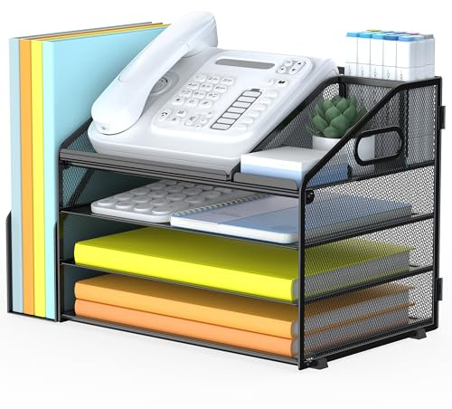 DocNest 4 Tier Paper Letter Tray File Organizer, Mesh Desk File with Handle, Workspace Desk Organizers with Pen Holder, Office Organization Storage Accessories - Black
