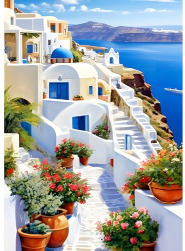 DPHERO Santorini Diamond Painting Kits for Beginners Adults,5D DIY Flowers Diamond Art Kits,Round Full Drill Aegean Sea Diamond Painting Art,DIY Painting by Numbers Diamond Art Painting 12x16 inch