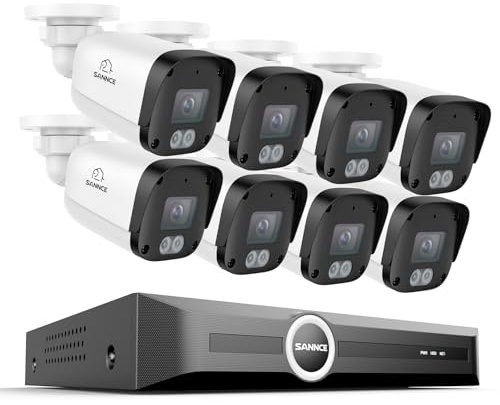 SANNCE Kit de cámaras de vigilancia PoE 5MP 8CH NVR Sin Disco Duro + 8 cámaras Resistentes al Agua 5MP, Leds IR Inteligentes, detección de Movimiento, visión Nocturna de hasta 30 Metros