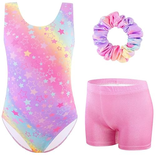 XiaoMoSha Girls Three-Piece Gymnastics Set Sleeveless Girls Leotards with Shorts and Hairband Sparkly Glitter Gradient Color Dance Ballet Unitards Gymnastics Outfits, Colorful, 11-12 Years