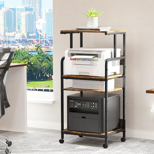 4-Tier Printer Stand, Large Printer Table on Wheels, Movable Printer Stand with Storage, Rolling Printer Cart for Fax Scanner Files Media Player, Multifunctional Trolley for Office Home Kitchen, Brown