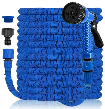 Flexiable Garden Hose, Expandable Pipe Anti-Leakage Expanding Stretch Small Water Hose with 7 Adjustable Function Spray Nozzle for Car Wash Cleaning Watering Home Lawn(Blue, 25 FT)