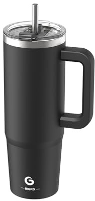 BIGRD Termoflaska 890ml med Sugrör och Handtag - Rostfritt Stål Dubbelväggig Vakuumisolerad, Läcktät Resmugg för Kaffe, Varma & Kalla Drycker,BPA-fri,Svart