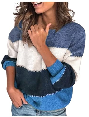 Pull Chaud Femme Manche Longue- Pull Hiver Rayures Couleur Assortie Col Rond Coupe Ample Décontracté Sweater Chic Et Élégants Confortable Doux Tempérament Pullover Passe-Partout Chandail