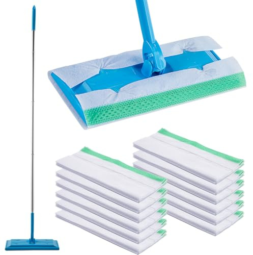 The Cleaning Expert Flat Mop with 12 Anti-Bacterial Floor Wipes – Lightweight with Swivel Head for Wood, Laminate, Vinyl & Tile – Fast, Easy & Hygienic Cleaning (Slide Mop & 12 Refills)