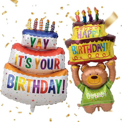 Ballon Gonflable XXL Happy Birthday, Ballon Gonflable en Aluminium Motif Gâteau, Motif Ours Ballons Gonflables, pour Décoration de Fête D'Anniversaire