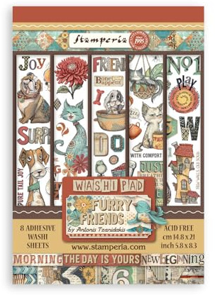 Stamperia - Washi Pad for Scrapbooks, Albums, Cards, Bullet Journals and More, Translucent and Easy to Cut, Acid Free, Perfect for Hobbies, Crafts, and Gifting (Furry Friends) (A5) (8 Sheets)